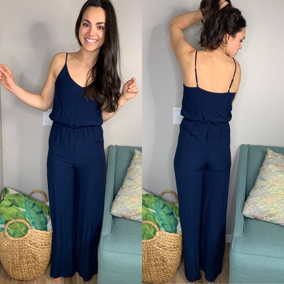 Astr Pants - ASTR Spaghetti Strap Dark Navy Jumpsuit